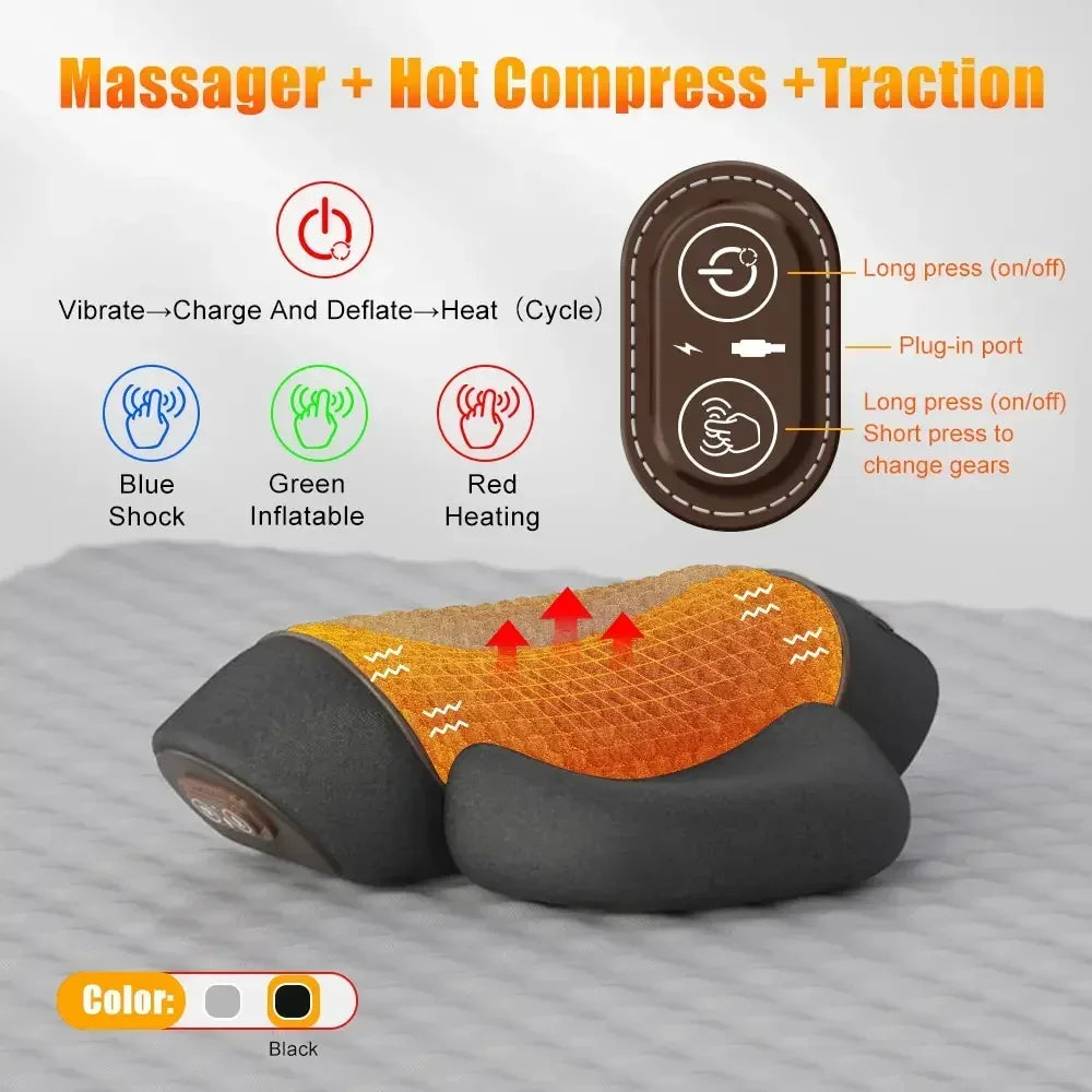 Cervical Electric Massager Pillow with Heat and Vibration for Neck Traction and Relaxation - Memory Foam Support Cushion